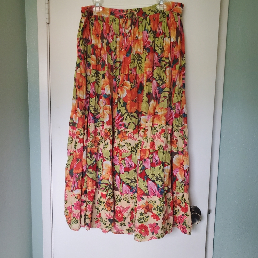 White Stag Boho Tropical Floral Cotton Maxi Skirt Sz L 12-14 Elastic/Drawstring